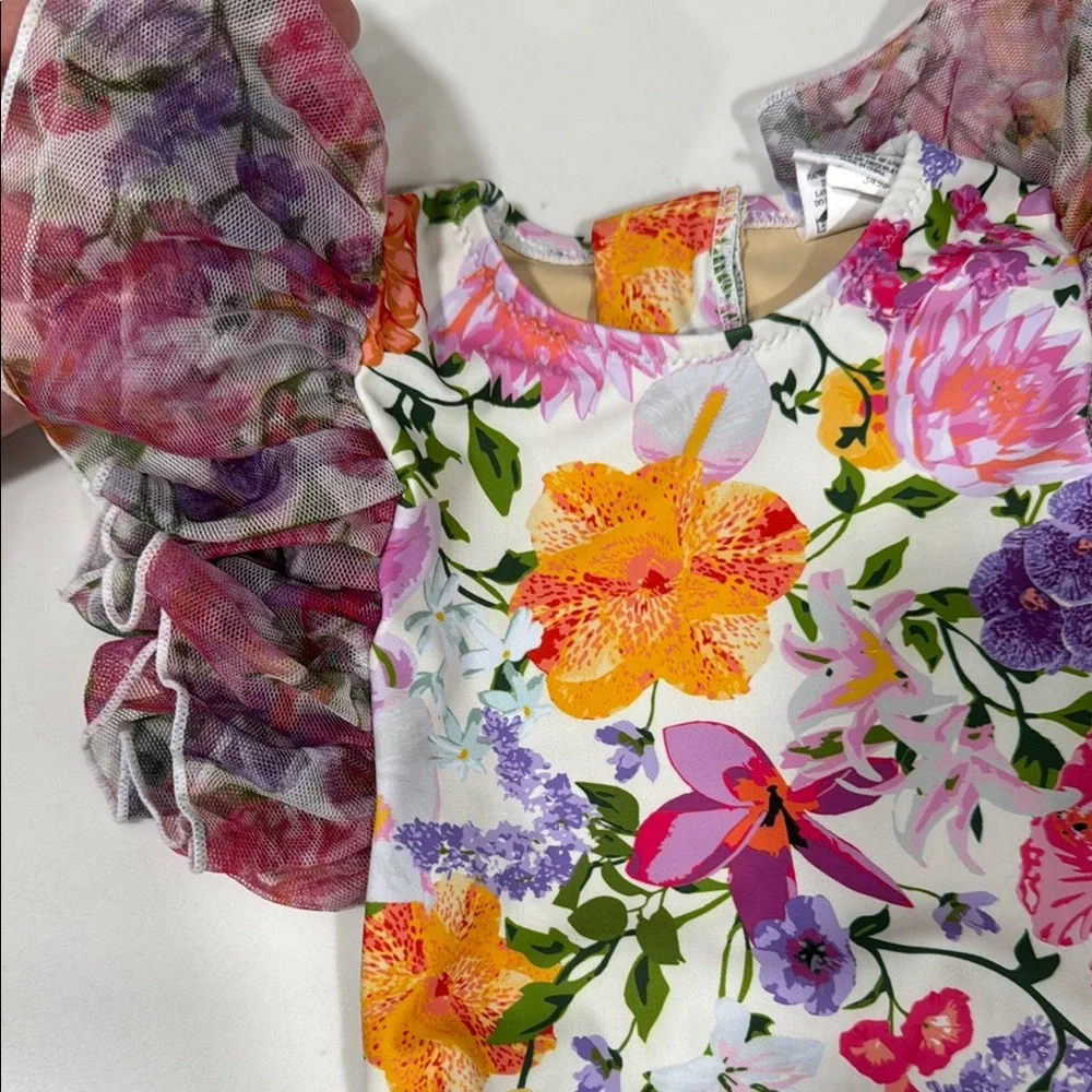 Floral Ruffle-Sleeve Kids One-Piece Swimsuit - White Multi